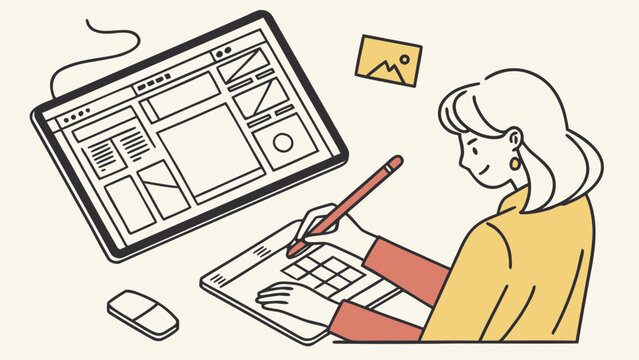Woman creating website wireframe design on digital tablet with user interface prototyping illustration