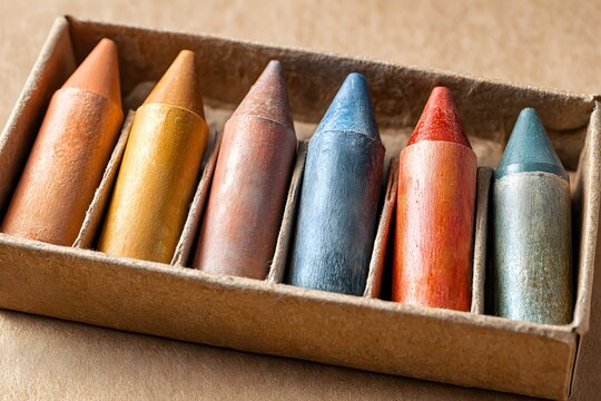 Collection of Unsharpened New Crayons in Cardboard Box for Artistic Creation and Childhood Fun