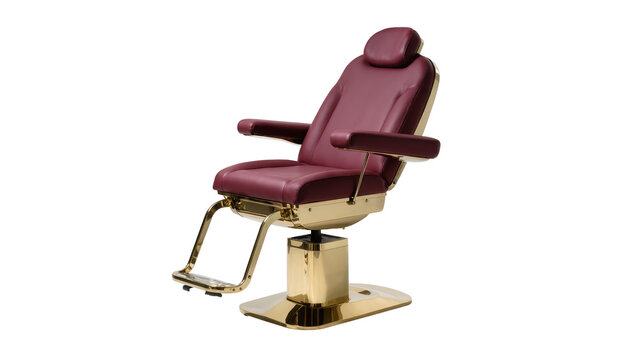 Maroon leather salon chair with gold base and footrest, isolated on transparent background