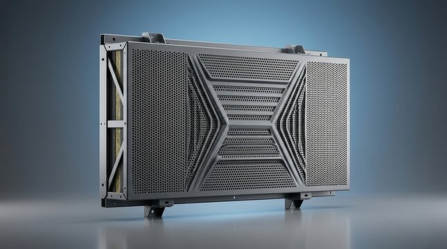 Industrial noise reduction panel 3D render, acoustic control component, sound attenuation barrier, engineered soundproof panel for machinery enclosures