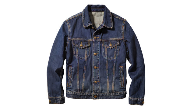 Blue denim jacket with brass buttons and pockets
