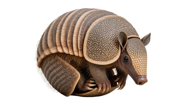 Armadillo curled up with armored shell and fur