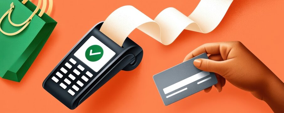 Contactless payment with credit card at point of sale terminal next to shopping bag and receipt