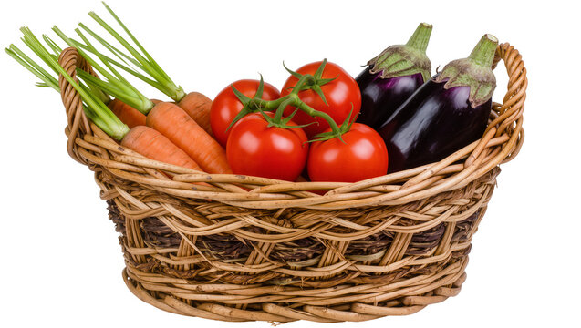 Wicker basket filled with fresh carrots tomatoes, and eggplants