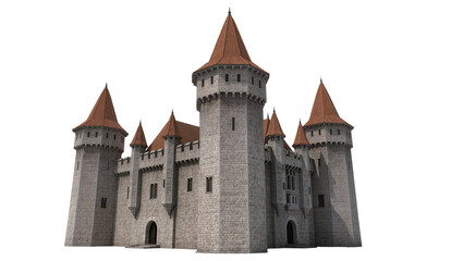 Fototapeta premium Medieval stone castle with red tiled conical roofs and towers