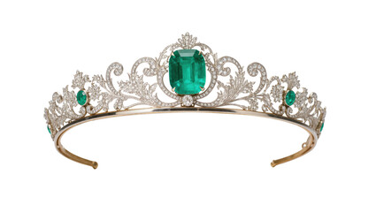 Ornate emerald and diamond tiara with intricate scrollwork, isolated on transparent background © Emilija