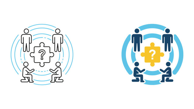 Professional team kneeling around a central question mark puzzle piece vector graphic representing deep inquiry and collaborative research in organizational problem solving and strategic planning