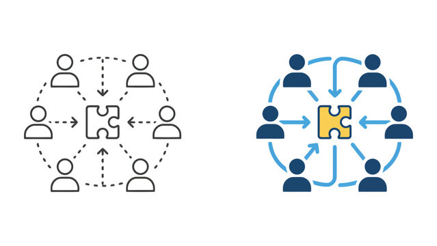 Group of people connecting to central puzzle piece vector illustration depicting collaborative problem solving and team synergy concepts for modern business communication and creative strategy designs