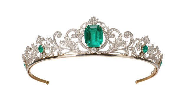 Ornate emerald and diamond tiara with intricate scrollwork, isolated on transparent background