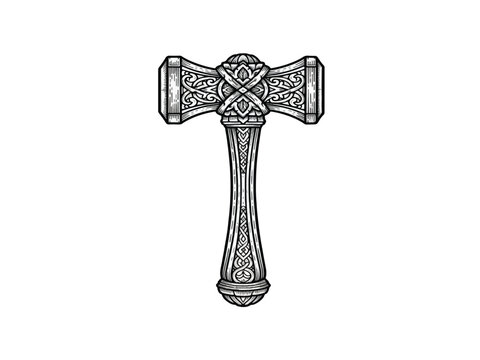 Intricately designed thor's hammer mjolnir with celtic knotwork on a white background