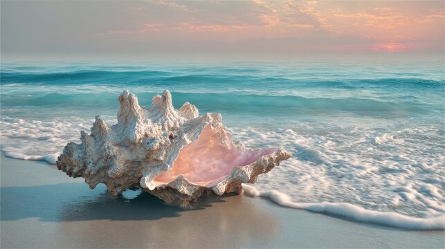 Large, textured marine gastropod shell rests on wet sand as ocean waves gently wash ashore during twilight.