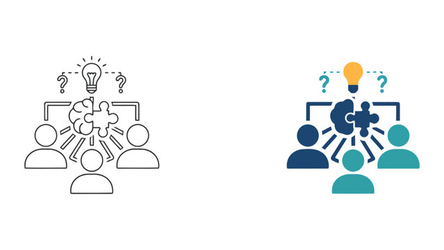 Team collective problem solving icon set showing people working together on brain puzzle with lightbulb for creative innovation and strategic brainstorming in modern professional vector style