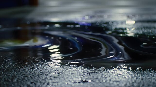 Close up of an iridescent oil slick floating on a wet puddle reflecting blurred city lights at night