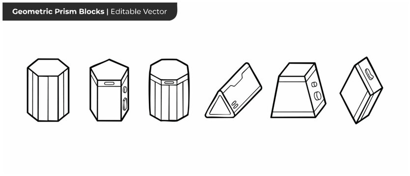 3D geometric prism shape vectors set of linear outline blocks including hexagonal, pentagonal, triangular, and trapezoidal prisms for technical drawing, architectural design, and coloring book.