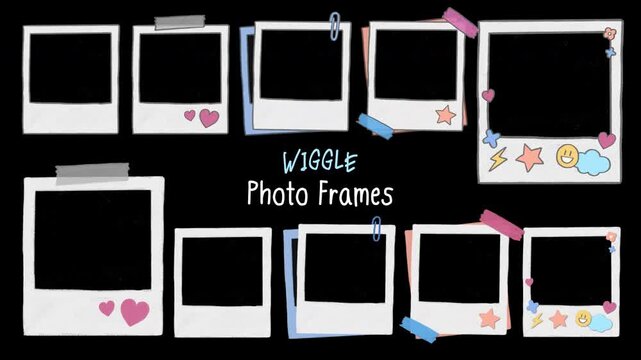 Wiggle hand-drawn Polaroid photo frame animation - retro instant camera, scrapbook layout with doodle stickers, heart, star, tape,  seamless loop, transparent background, alpha channel