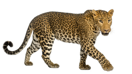 Fototapeta premium Leopard with spotted fur walking, isolated on transparent background