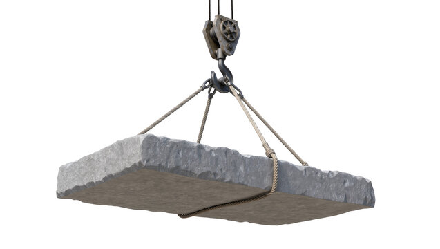 Stone slab lifted by crane hook and ropes