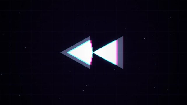 Digital glitch rewind symbol animation on dark background with chromatic aberration effect