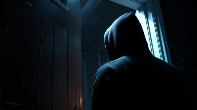 Anonymous hooded person standing in a dark doorway illuminated by cold light representing mystery cybercrime security threats and suspense