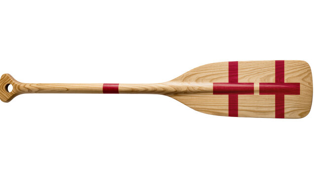 Wooden canoe paddle with red cross design