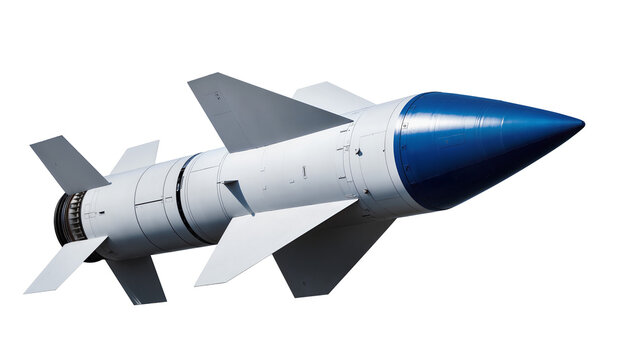 White and blue missile with fins and jet engine detail