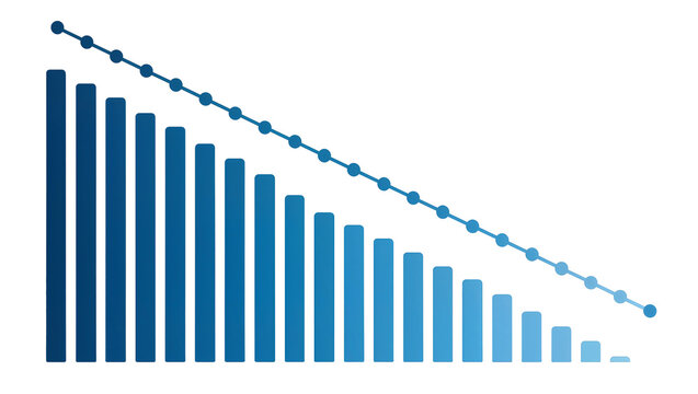 Blue bar chart with downward trend line and dots