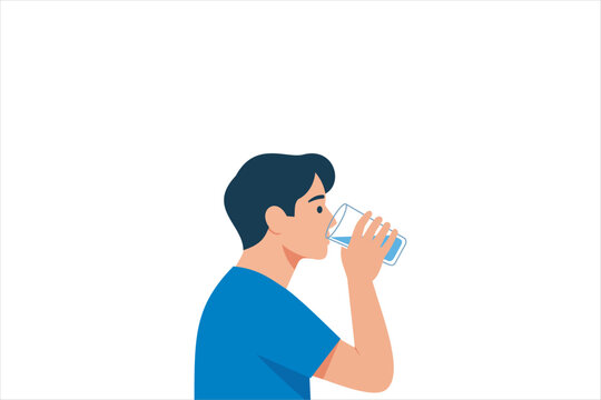 Young man drinking water from a glass, healthy hydration concept. Flat vector illustration representing wellness, nutrition, healthy lifestyle, and daily self-care. Vector illustration.