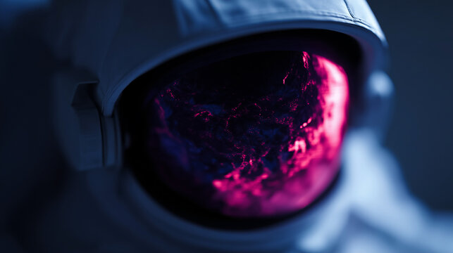 Close-up astronaut helmet visor reflecting vivid cosmic colors creating futuristic space exploration and discovery concept