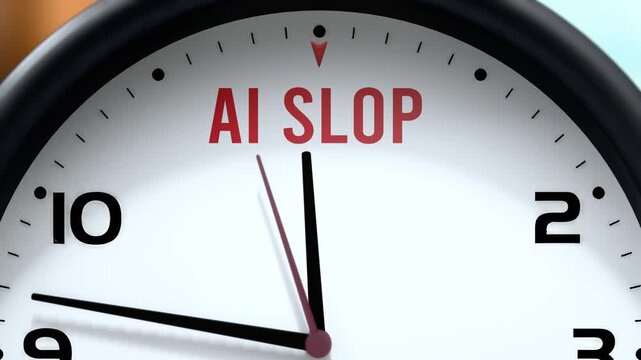 Ai Slop that is going to happen soon. Upcoming ai slop, approaching in the near future. Ai Slop almost here, in a short time - a clock symbolizes a reminder that ai slop is near.
