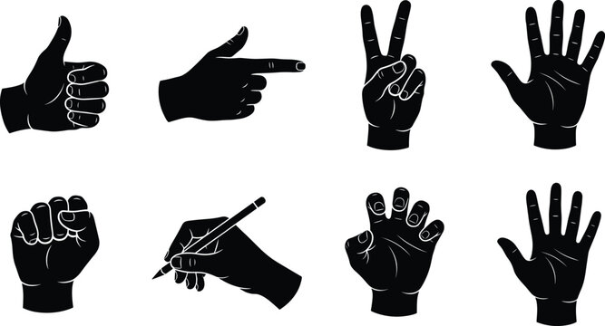 Human hand gestures and language signs black silhouette icon set isolated on white background flat vector illustration