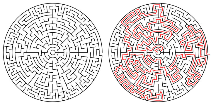 Complex circular maze puzzle with solution, difficult round labyrinth vector illustration for adult activity book and brain training games