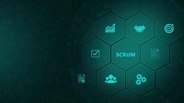 SCRUM, agile development methodology concept. digital with SCRUM icons on virtual screen. digital interface on cyan color background