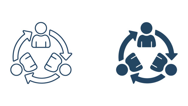 Strategic circular team communication vector icon set featuring group of people and rotating arrows representing continuous feedback loop and internal business workflow