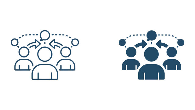 Interactive team discussion and communication vector icon set with speech bubbles and directional arrows representing collaborative dialogue and group feedback processes