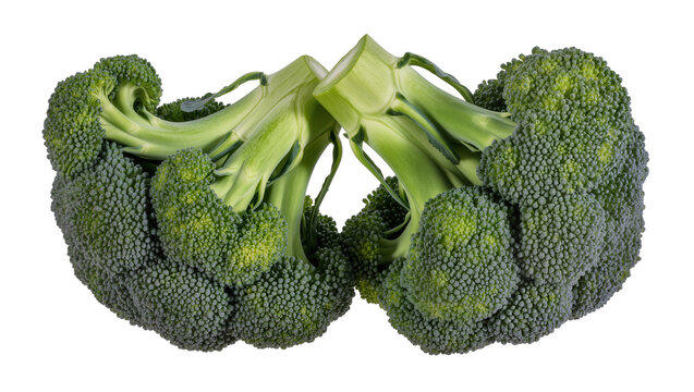 Two fresh broccoli florets with thick green stems
