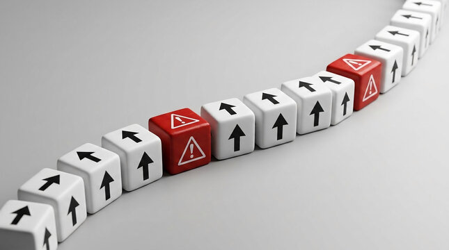 Row of white cubes with up arrows and red cubes with warning signs, symbolizing risk and deviation, concept of choice, decision, or exception
