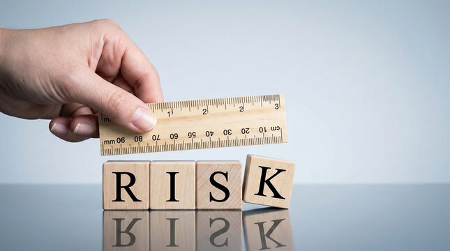 Wooden blocks spelling RISK are being measured by a ruler held by a hand, symbolizing assessment and management of risk.