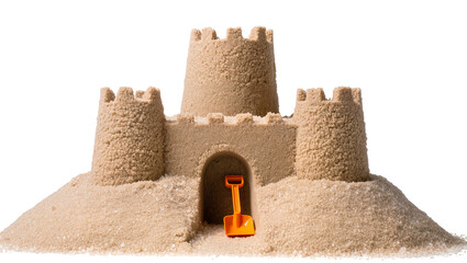 Sandcastle with orange shovel in arched entrance © Lukas
