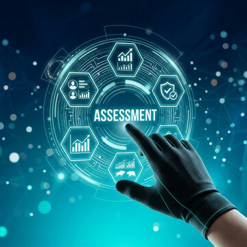Hand interacts with glowing digital interface showing "ASSESSMENT" and various analytics icons, symbolizing data evaluation and business strategy on a dark blue background