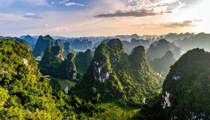 Fototapeta premium High angle scenic view of karst mountains.