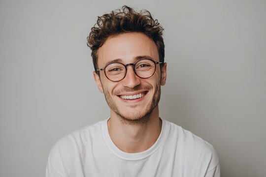 Friendly headshot of a young man with round glasses on a neutral gray background