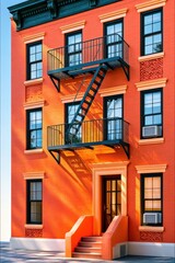 Obraz premium Sunlit red brick apartment facade with fire escape balconies and stair shadows in urban setting