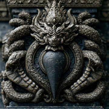 A chthonic Lingam pulsing with dark supernatural energy, surrounded by coiled serpents, highly detailed 3D bas-relief, gothic elements, intricate sculptural details, dark mystical aesthetics