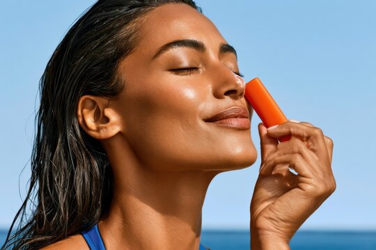 Woman on the beach applying sunscreen stick to her face in a relaxed summer skincare moment
