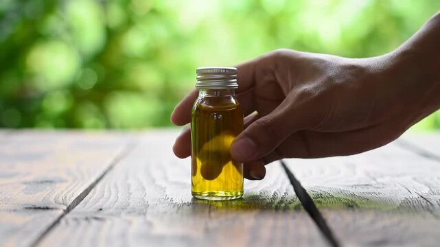 A clean unadorned hand places a natural product on a rustic wooden tabletop in a slow push-in video with lush green bokeh. Concept of natural purity and serenity