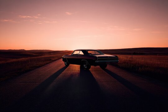 Golden hour scene with a timeless car silhouette on the road