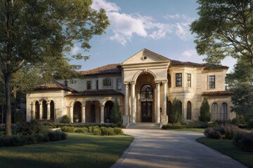 Fototapeta premium Grand front elevation of a fictional Texas mansion in warm limestone, elegant columns, and lush landscaping â€” 3D architectural rendering
