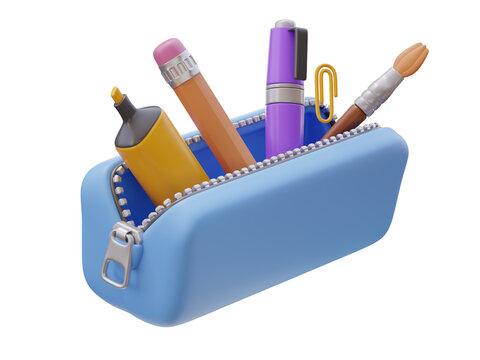 Open pencil case with marker pen pencil brush school supplies 3D icon object