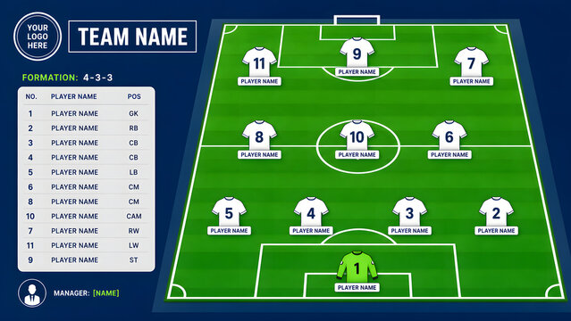 Football soccer team lineup formation vector template featuring players list layout and jersey shirts on a modern transparent glassmorphism board with stadium background.