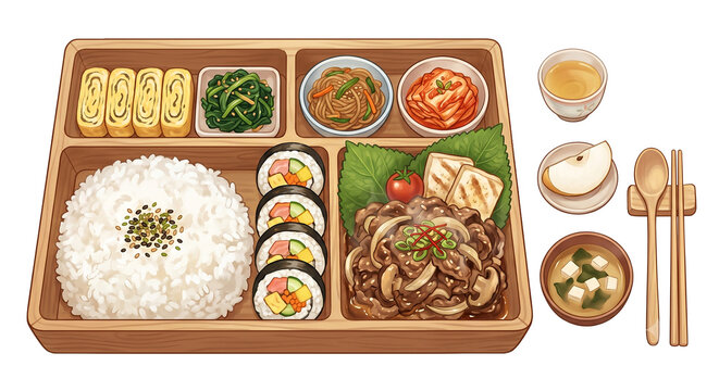 흰 쌀밥과 반찬이 담긴 도시락 일러스트. 한국 음식. 건강한 음식..
